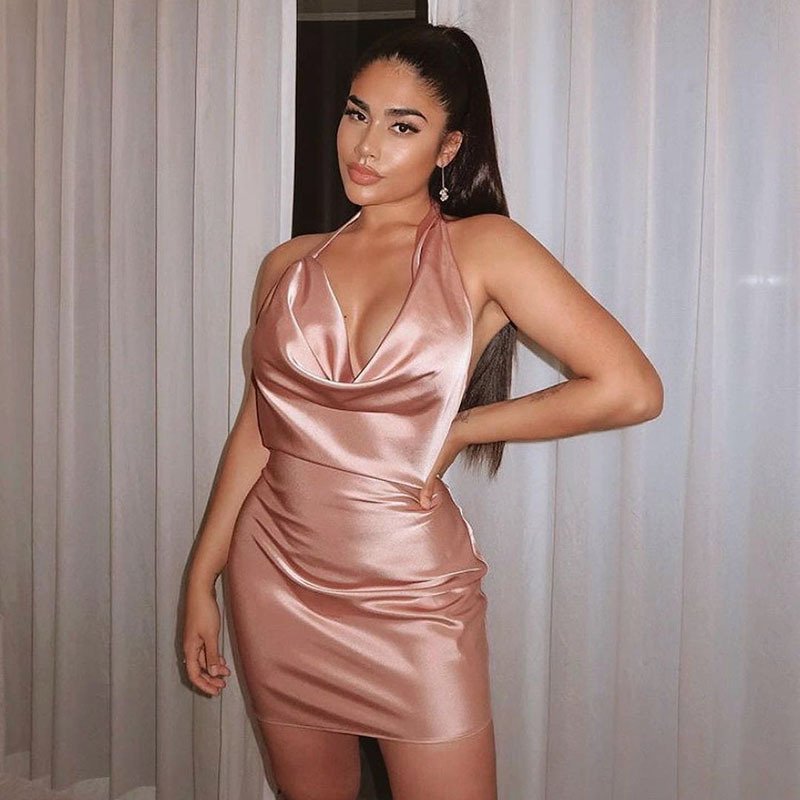 Satin Party Dress V Neck Backless Mini Sleeveless Summer Party Dress - Image 8